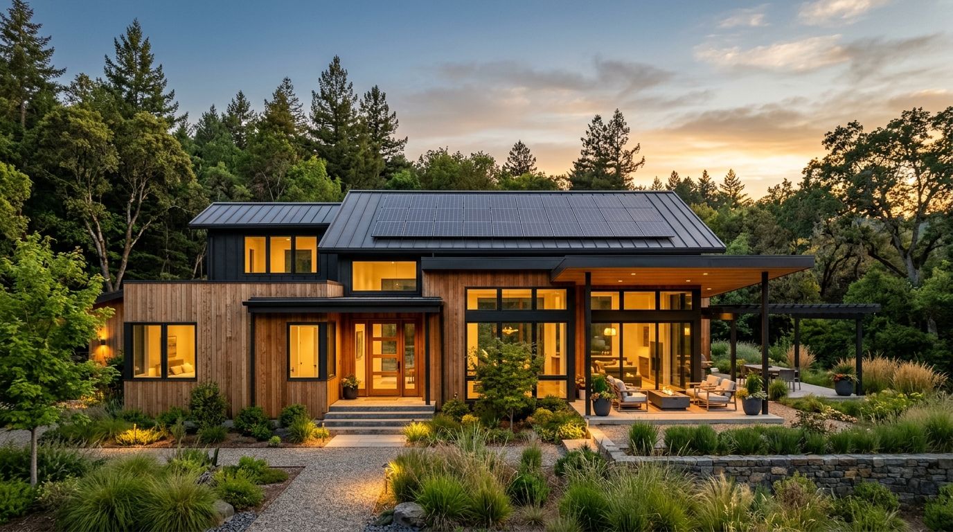 A modern home with solar panels at dusk